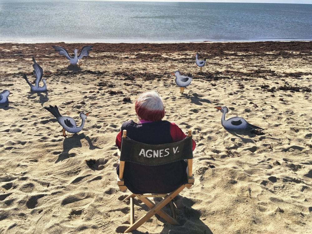 Agnes Varda sat in her director chair, on the beach with wooden seagulls spread around the sand. she looks out on the still ocean