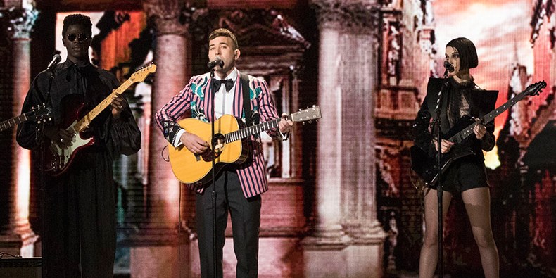 Sufjan Stevens on stage performing his song mystery of love at the oscars