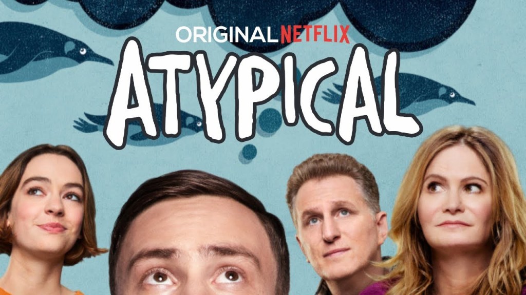 An Atypical poster with the faces of Sam, his sister, father and mother looking up and around the bubble styled title of 'Atypical' at the top. 
