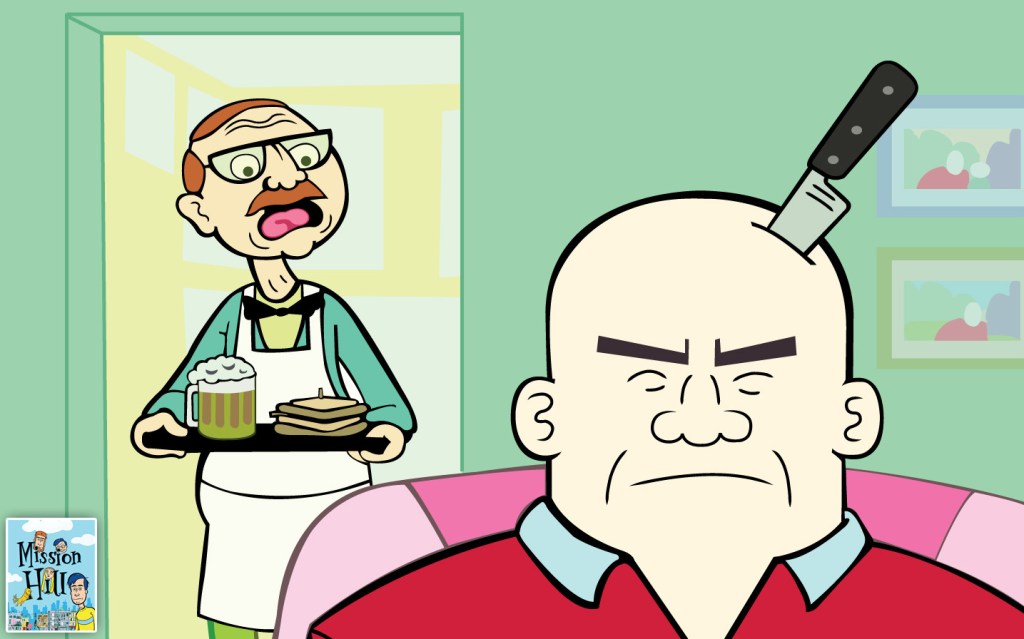 A bald man grimaces with a knife sticking out of him head. Behind him, a ginger man with a moustache yelps as he carried a try of beer and sandwiches.