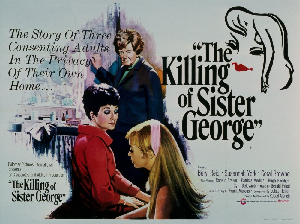 Poster for the movie "The Killing of Sister George'. Shows three central characters looking unamused, with the tagline 'the story of three consenting adults in the privacy of their own home...'