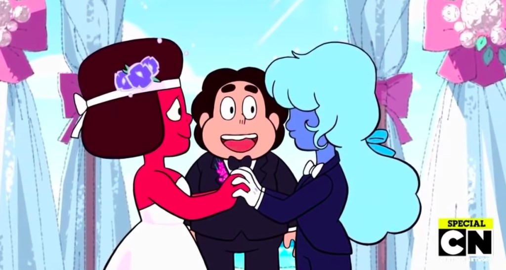 Ruby - a red woman in a wedding dress - and Sapphire - a blue woman in a suit, hold hands as they get married.