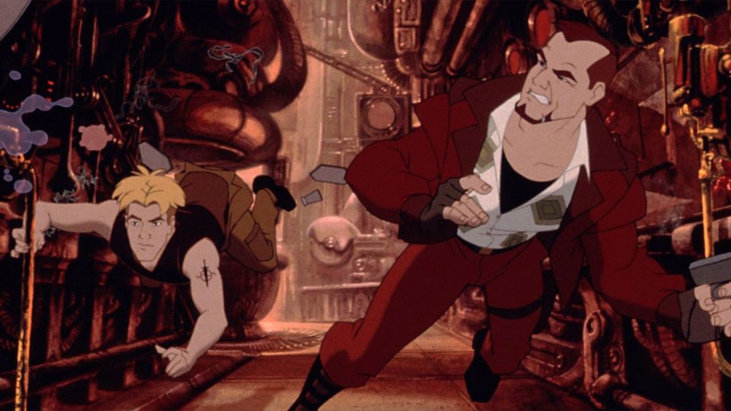The image is from the film Titan A.E. Two men, one blonde one brunette, float in a mechanic realm as if without gravity.
