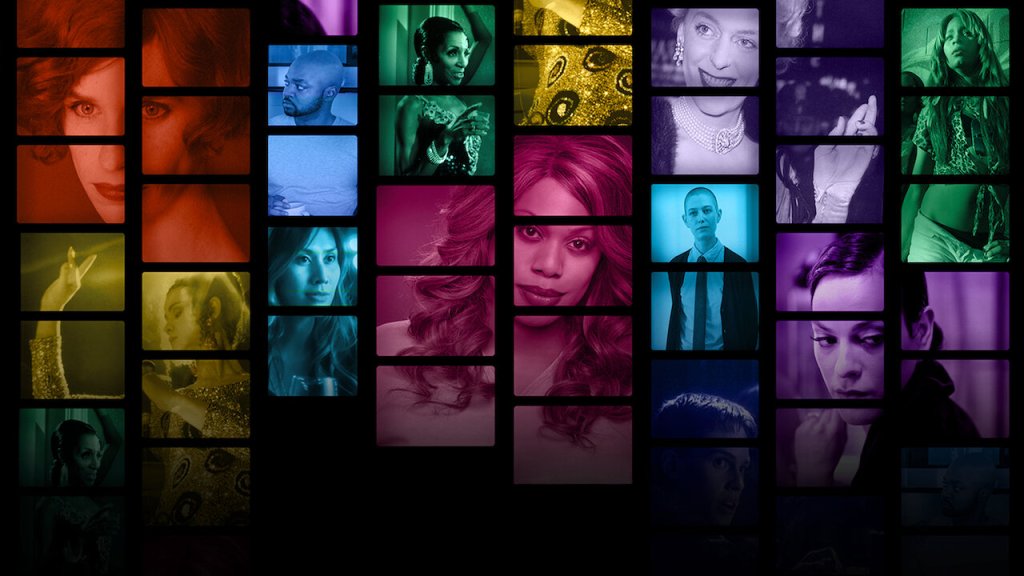 This image is from the documentary Disclosure. It contains different images of trans characters in film and TV, with each character highlighted in a different colour.