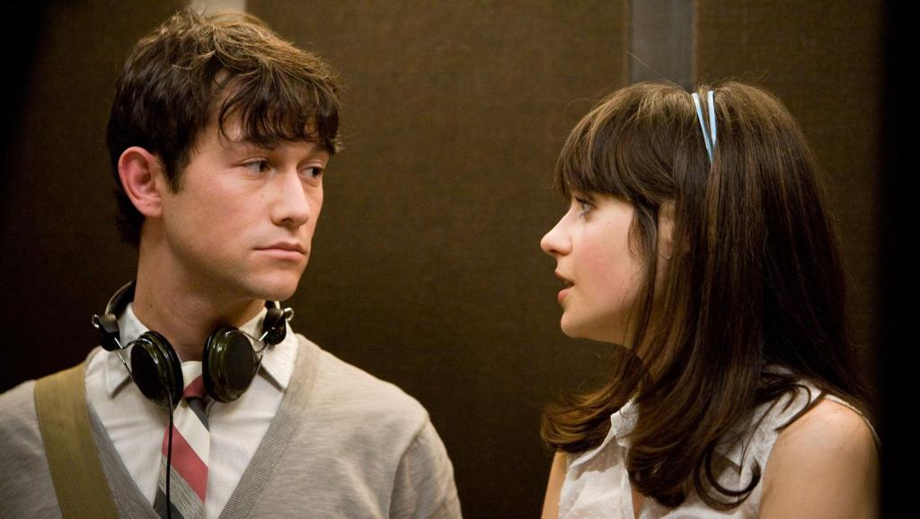 This image is from (500) Days of Summer. Tom and Summer stand in a lift and are engaging in conversation.