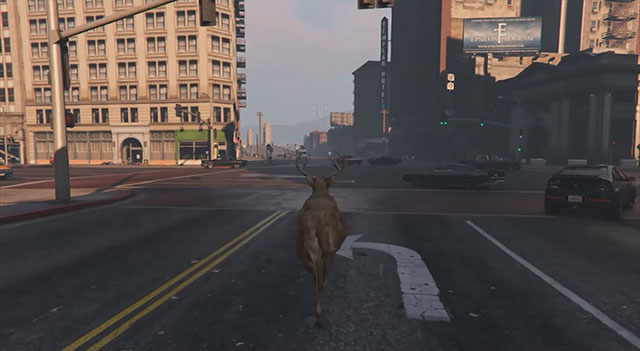 This image is from San Andreas Deer Cam. It is a screenshot from a video game, following the perspective of a deer who is walking around a city.