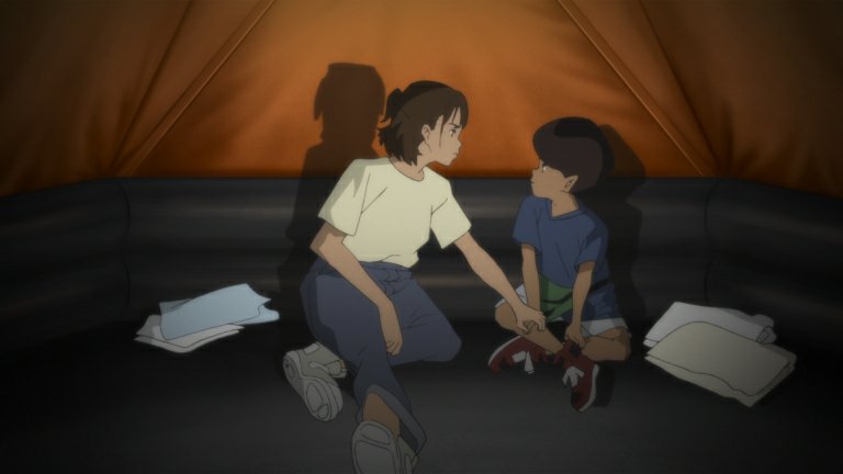Ayumu and Gō are sat inside a tent-like liferaft; they are looking at each other with the former reassuringly putting her hand on the latter's leg