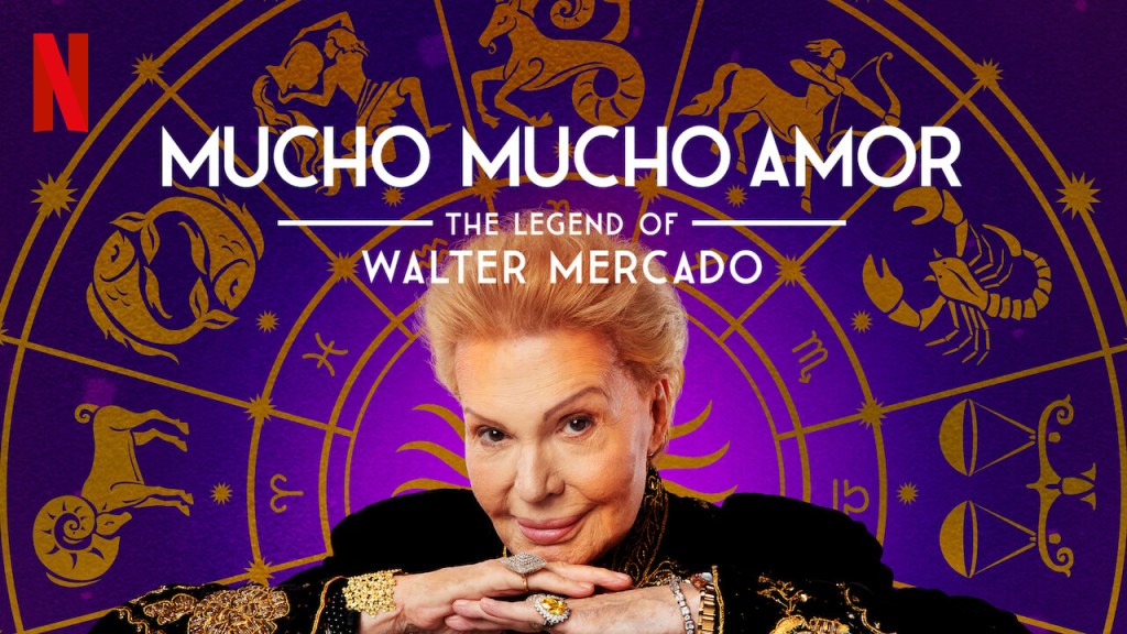 Promotional photo for the Netflix documentary "Mucho Mucho Amor: The Legend of Walter Mercado." An image of Walter Mercado's smirking face over an astrological wheel.