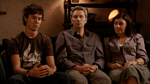 The Palmer family, left to right, Mathew (Martin Sharpe), Russell (David Pledger), and June (Rosie Traynor) are interviewed about Alice's death