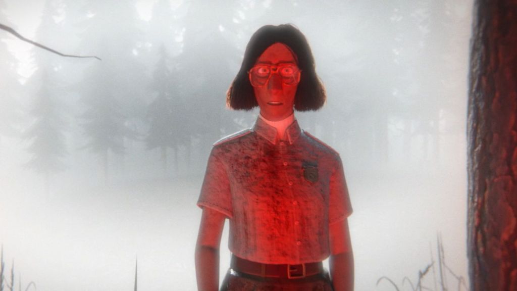 A woman, basked in red lighting, stares directly at the camera. She has large wire frame glasses, a dark brown bob, and is dressed in a park ranger uniform. Surrounding her are trees and dense fog. The entire image is CG animated.