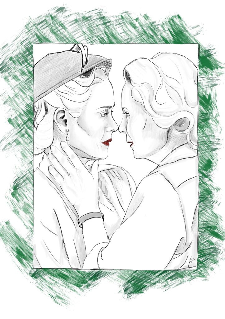 Artwork illustrates same scene as header image, with Gwendolyn gently placing her hand on Mildred's neck as they lock eyes