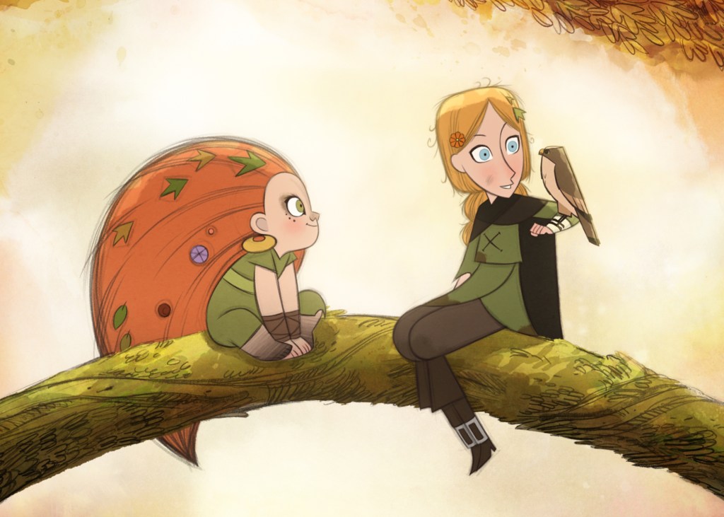 Mebh, a young girl in green garb and huge ginger hair, and Robyn, a young girl in medieval workers outfit holding a hawk, sit on a branch in the forest. From 'Wolfwalkers'