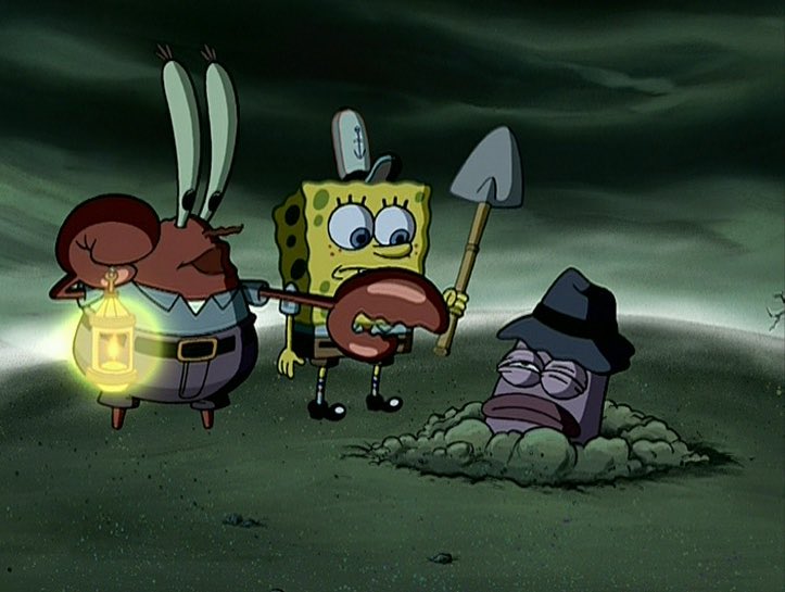 Mr. Krabs and SpongeBob bury the health inspector in a dark graveyard.