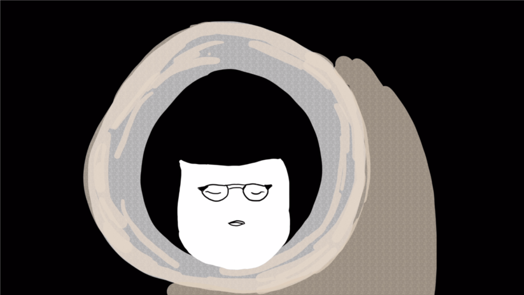 An illustration from Well Rounded, featuring a drawing of a woman with black hair and eyes closed, wearing glasses.