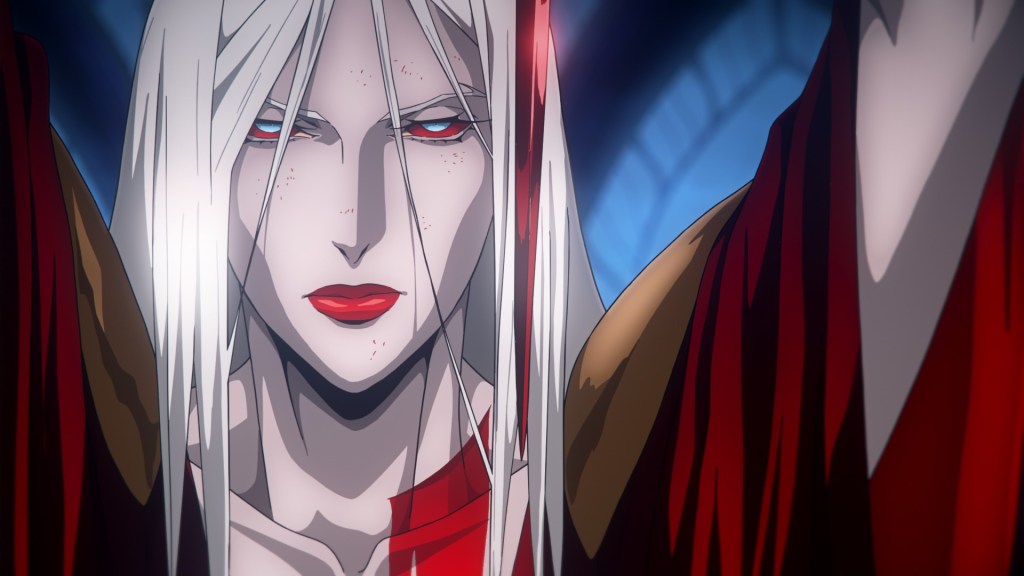 A woman with silver hair and bloodshot eyes holds up a red blade in front of her face. She is draped in a loose red dress.