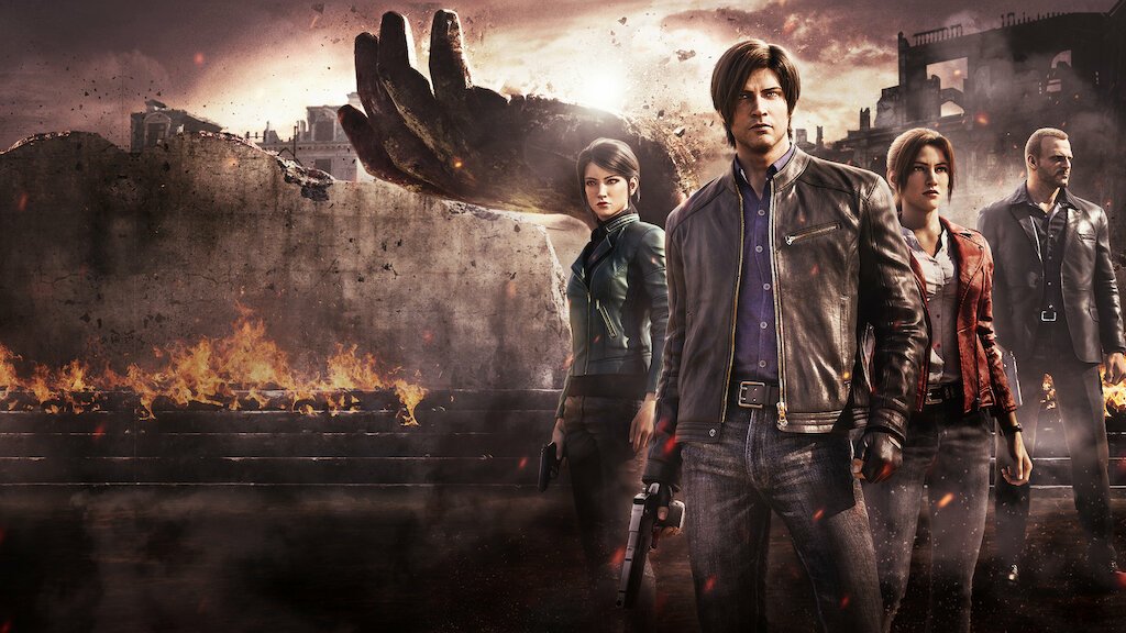 Shen May, Claire, Leon, and Jason stand in front of a crumbling wall and hand in this promotional art for the series