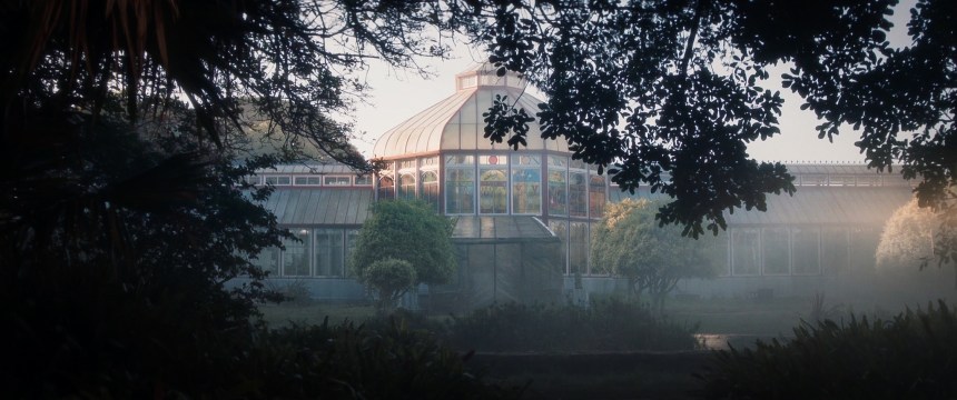 A picturesque greenhouse with stained-glass windows seen from afar. It is surrounded by trees, and there is a mist.