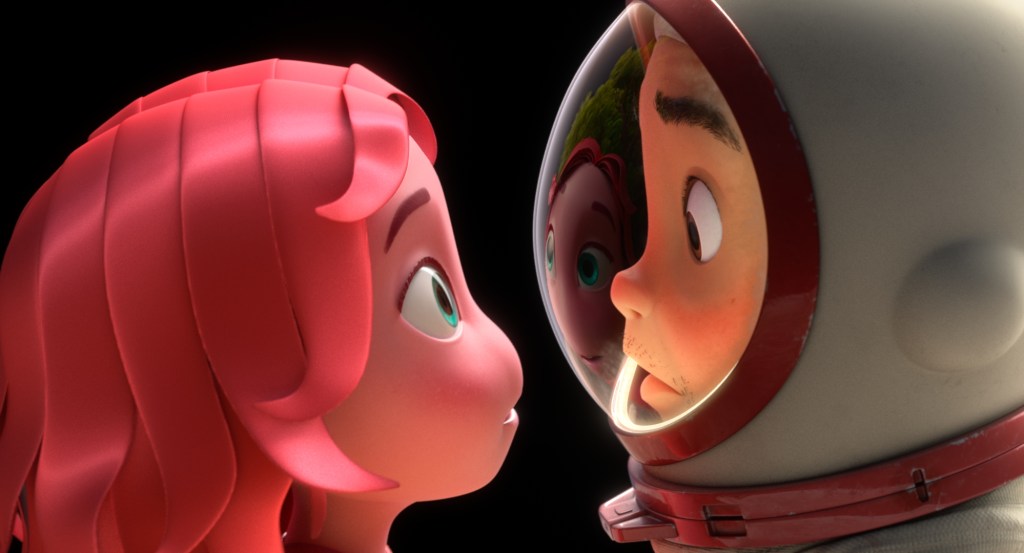 A computer-animated astronaut wearing a white spacesuit stares in surprise at a pink feminine figure. She has light blue eyes and pink skin and hair, looking at him in surprise as well. Her reflection can be seen in the astronaut's helmet.