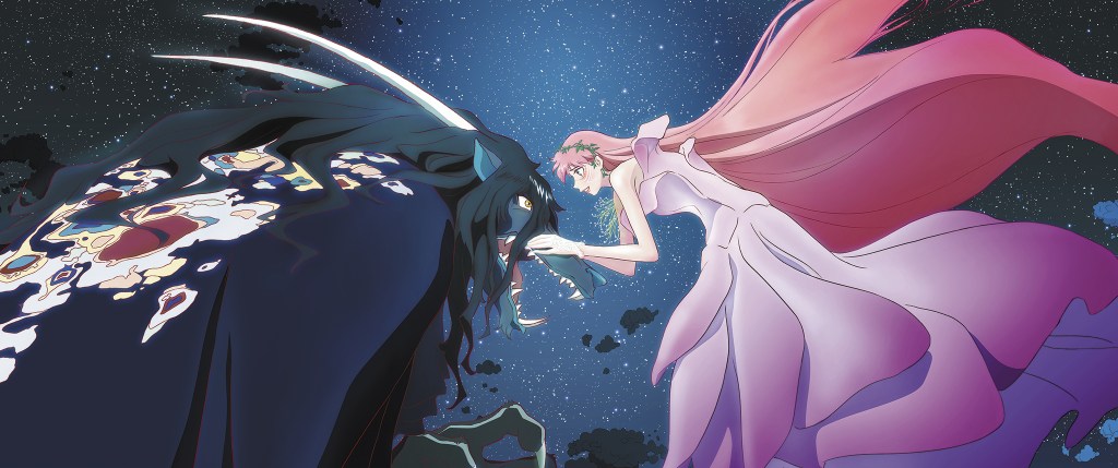 Belle floats in an enormous purple dress, her hand on the snout of The Dragon. The creature resembles some mix of pig and crocodile, and wears a colorful kimono