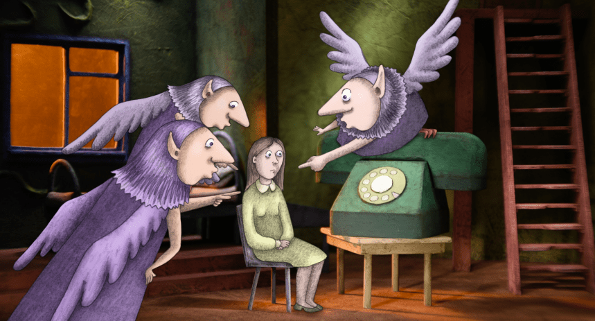 An animated still of a young girl sitting in a chair. She is surrounded by bizarre-looking winged characters in purple, who point at her.