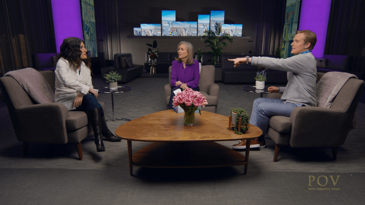 Still from the televised reunion. They're sitting in a studio, with Berlant on the left side and Early to the right side - and Vieira in the middle. They're caught in a heated argument, as Early points his finger at Berlant and she expresses an annoyed and strained facial expression. Vieira is also looking towards Berlant, as if all are waiting for her response to Early's current claims. 