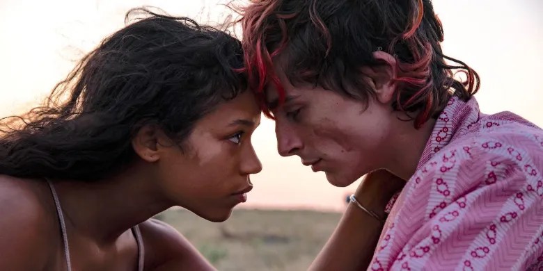 The two leads sat in the countryside opposite eachoter, heads bent towards eachother, Russell's hand on Chalamet's neck. 