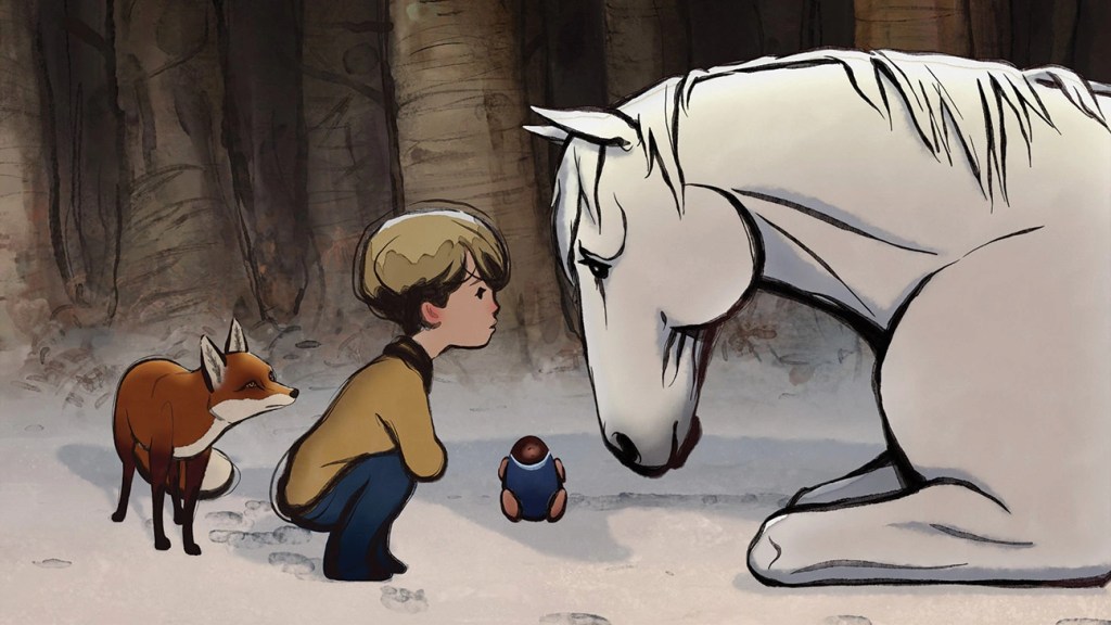 Still from "The Boy, the Mole, the Fox and the Horse" showing its four main characters engaging outside in the snow. The fox, the boy, and the mole are all directed towards the horse that is lying down with a sadness in its eyes.