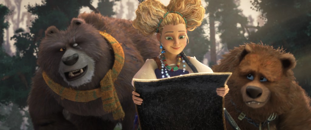 A still from the animated film 'Puss in Boots: The Last Wish' of Goldilocks and two of the Three Bears. Goldilocks is in the middle, with a hopeful expression as she looks at a map