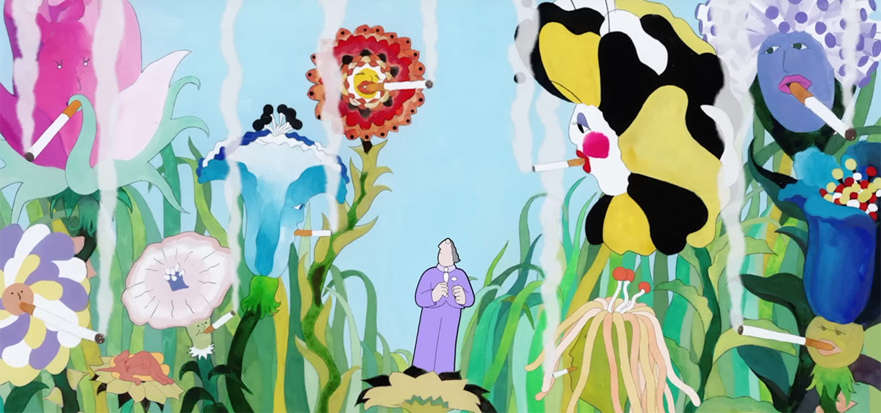 Jérôme has arrived in paradise and is trying to find his love. Cornering him are flowers who are looking down on him whilst they are smoking cigarettes. Jérôme looks small and afraid. 