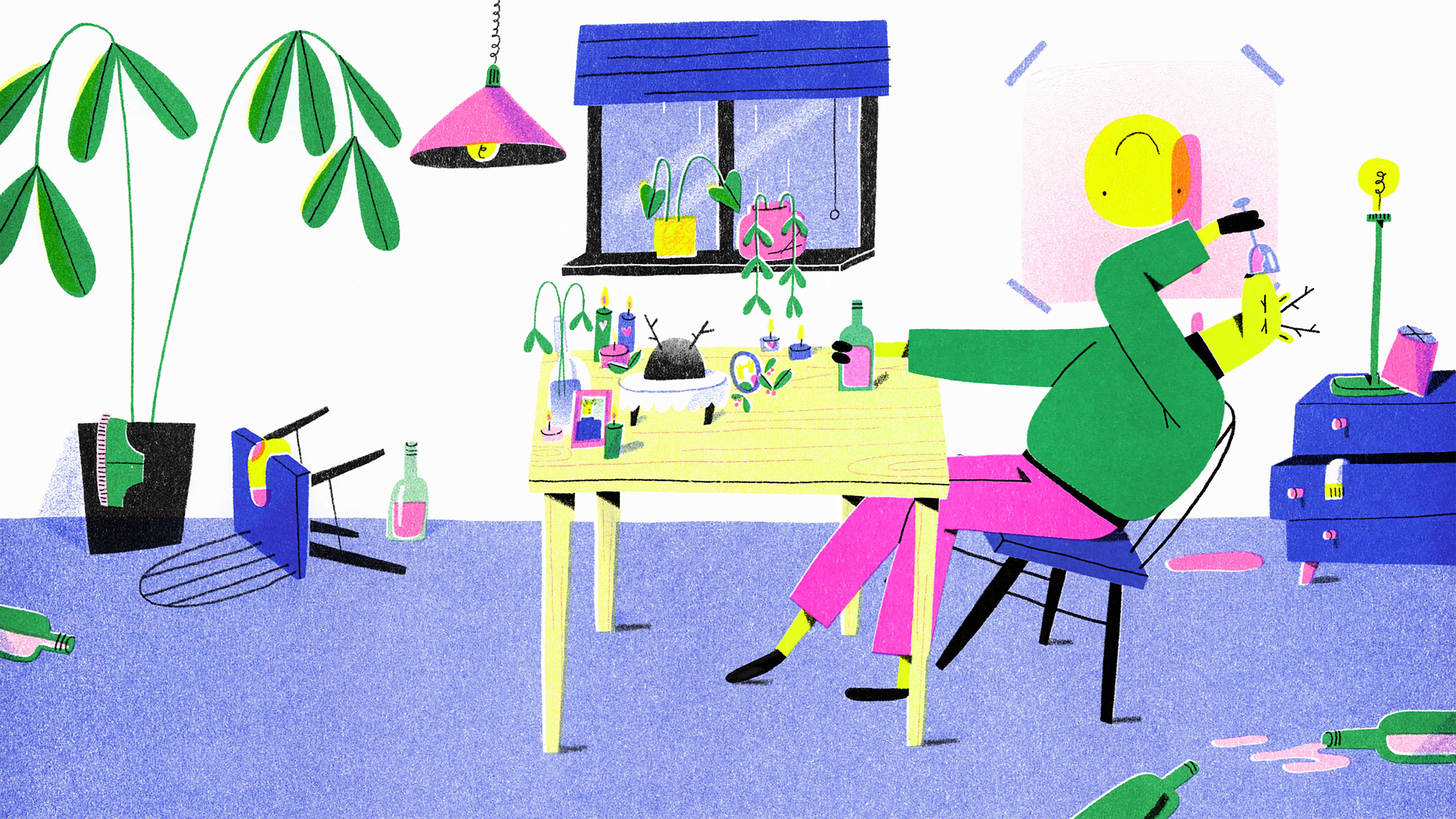 The widowed deer shown drinking wine. His room is a mess. His plants are sad, there's empty wine bottles on the floor, a chair is thrown on the floor, socks and underwear are scattered throughout. The deer is desperate, leaning back on the chair he is sitting on to get every droplet of wine into his mouth. 