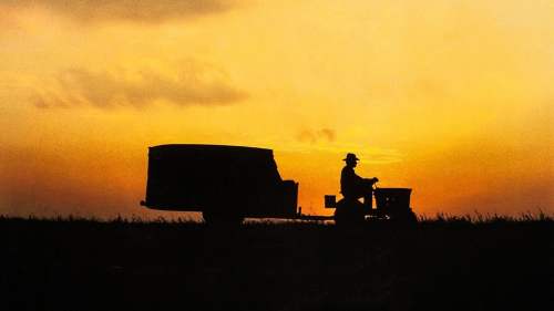 Alvin (Richard Farnsworth) shown from his profile on his riding mower with a orange and yellow sunset behind him. 